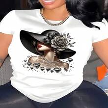 Women's Chic Cotton Short Sleeve T-Shirt with Elegant Hat & Diamonds Graphic Print, Regular Fit Round Neck Casual Top - Blanco - Ver 1