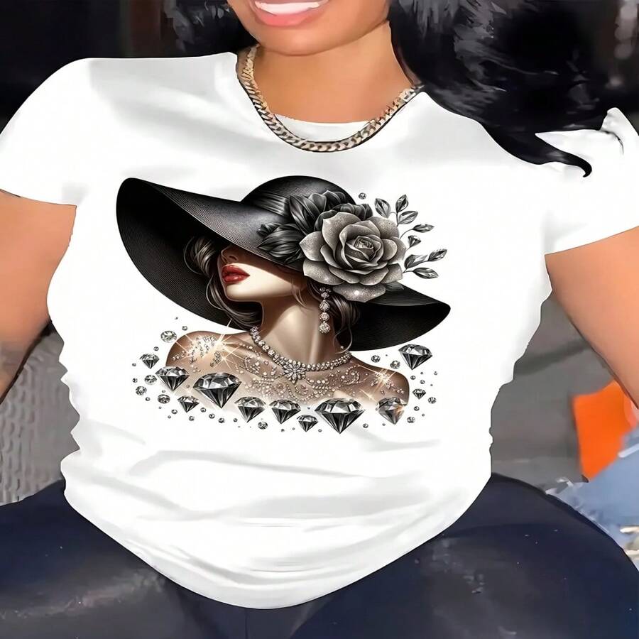 Women's Chic Cotton Short Sleeve T-Shirt with Elegant Hat & Diamonds Graphic Print, Regular Fit Round Neck Casual Top - Blanco - Ver 1