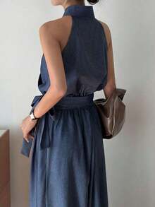 Conjunto de pijama holgado de mujer con cuello en V sin mangas, con lazo lateral, elegante y casual para la ciudad - Azul - Ver 5