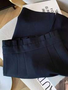 Falda midi de diseño minimalista con cintura de bolsa de papel, cintura alta, falda ajustada para el trabajo, color negro - Azul marino - Ver 7