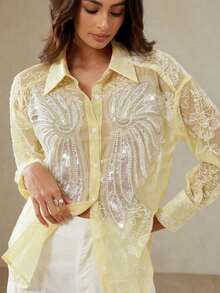 Tela transparente bordada con textura en color amarillo claro con aplicaciones de alas con cuentas, diamante de imitación y perlas para blusas de mujer, elegante para ir al trabajo, fiestas, vacaciones y uso diario casual - Amarillo - Ver 2