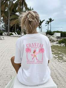 Camiseta Casual [Estampado de Doble Cara] Top Casual Holgado para Mujer de Primavera y Verano, Estilo Playero, con Estampado de Palmeras, Tablas de Surf, Estilo Cowgirl de Playa y Playa Salada, Manga Corta, Cuello Redondo, 100% Algodón, Camiseta Oversize con Hombros Caídos [Chu] 100% Algodón, Duradera - Blanco - Ver 3