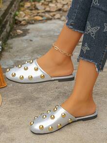 复古铆钉露跟穆勒鞋，平底朋克风拖鞋，百搭户外休闲拖鞋，夏季鞋履 - 銀色 - 查看 3