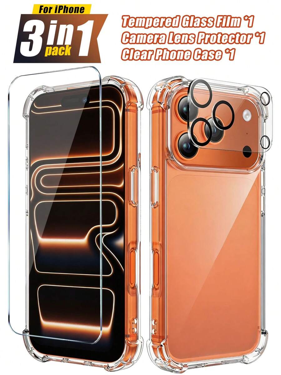 3合1套裝（1個手機殼 + 1個螢幕保護貼 + 1個鏡頭保護貼）適用於 iPhone 17 Pro Max，高透明度且不影響相機拍攝。柔軟矽膠護角，防刮耐用，無氣泡緊密貼合。兼容 18 Pro Max/18 Pro/17 Pro/17 Air/17 E/17/16 Pro Max/16 Pro/16 Plus/16/15/14/13/12/11，送給家人和朋友的完美配件禮物。