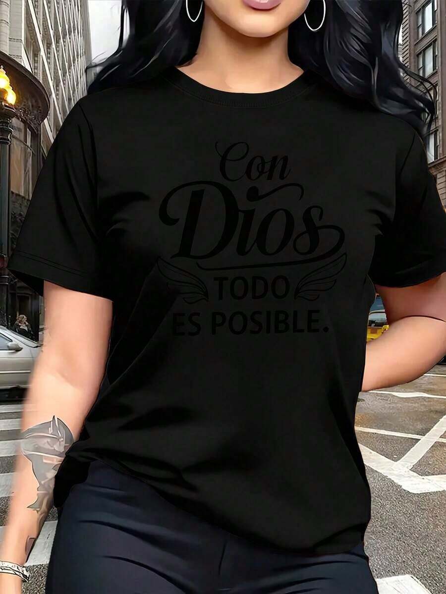 Frases religiosas clásicas e inspiradoras, en español "Con Dios Todo Es Posible." Camiseta de mujer de manga corta, con estampado de letras, moderna, sencilla, de cuello redondo, versátil y casual, adecuada para el ocio, viajes, vacaciones y otras actividades. 5963 Camisetas casuales unisex, playeras de mujer. - Negro - Ver 1