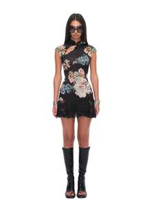 Cheongsam Style Dress With Koi Print, Modern Chinese Design, Lace Hem, Fitted Cut - Black - View 1