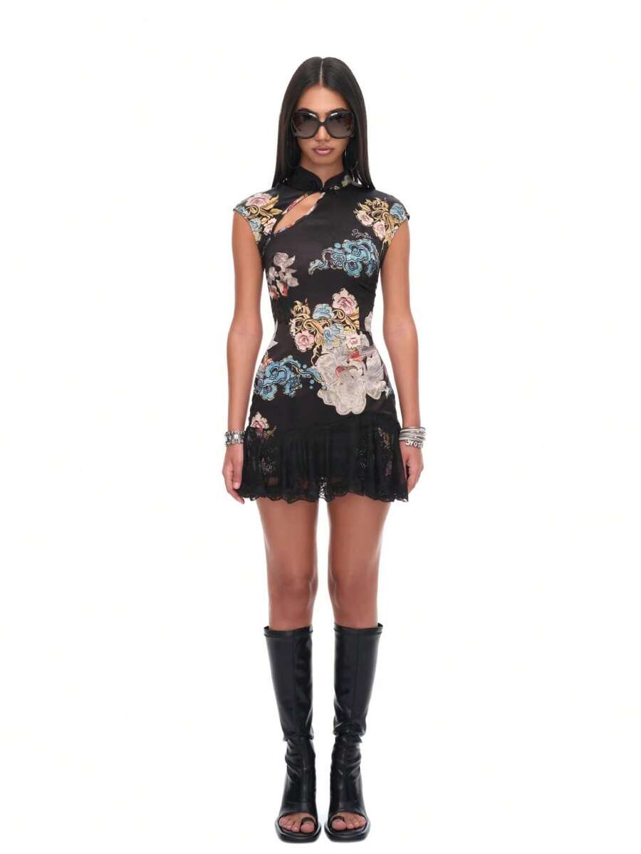 Cheongsam Style Dress With Koi Print, Modern Chinese Design, Lace Hem, Fitted Cut - Black - View 1