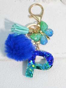 1pc Blue Heart Letter Keychain With Butterfly & Flower Decor, Women Bag Charm, Gift Keyring With Pom Pom - Royal Blue - View 21