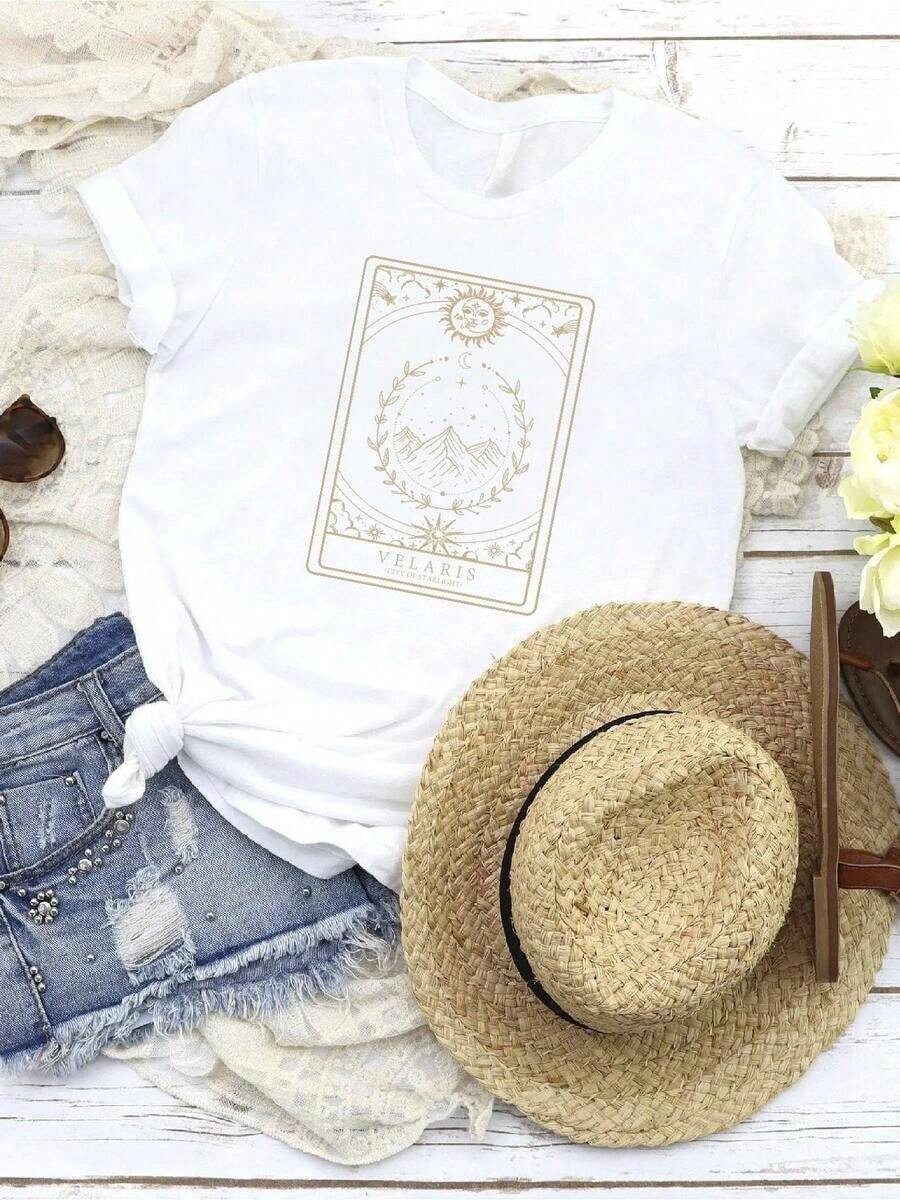 Women's Simple Loose Fit Modern Style T-Shirt Print ACOTAR Book T Shirt V1 Tarot Tattoo Merch Vintage Velaris SweaT City Starlight SJM Bookish 1704LO Women's Graphic Print T-Shirt Summer 2026 - 白色 - 查看 1