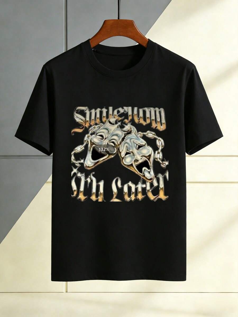 Camiseta unisex (160g), estampada con el llamativo diseño "Smile Now Try Later", adecuada para uso casual en verano, una idea de regalo única. - Negro - Ver 1