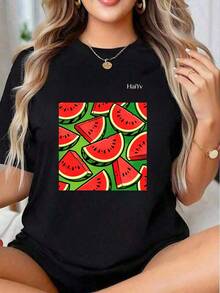 Limited Time Offer, Limited Quantity Available, Flash , Women's Shirts, Women's T-Shirts. Women's Black Short-Sleeved Crew Neck T-Shirt With Watermelon Slice Print, Comfortable And Casual, Ideal For Summer 2026. - 黑色 - 查看 2