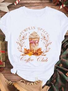 Elegant And Casual Women's Short-Sleeved Pumpkin Spice Coffee Club T-Shirt, Featuring A Drink And Autumn Leaf Print, White Casual Wear For Women, Perfect For Autumn And Winter. - 白色 - 查看 3