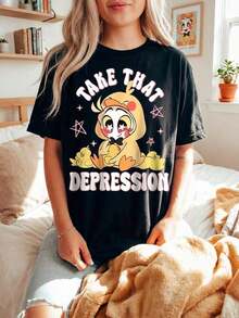 VintagePrint Camiseta Casual para Mujer, Cuello Redondo, Manga Corta, Tela Ligeramente Elástica, Estilo Regular, Top Cómodo para Todas las Temporadas, Ropa de Mujer, Camiseta con Estampado Gráfico - Negro - Ver 1