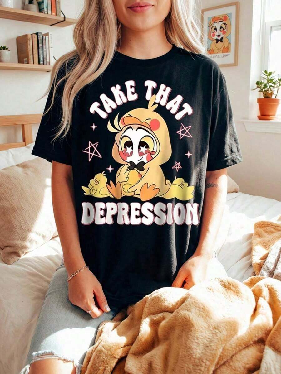 VintagePrint Camiseta Casual para Mujer, Cuello Redondo, Manga Corta, Tela Ligeramente Elástica, Estilo Regular, Top Cómodo para Todas las Temporadas, Ropa de Mujer, Camiseta con Estampado Gráfico - Negro - Ver 1