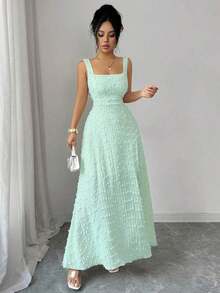 Nuevo vestido de punto texturizado sin mangas con cuello cuadrado, diseño de lazo en la espalda abierta, elegante vestido ajustado para fiesta - verde menta - Ver 6