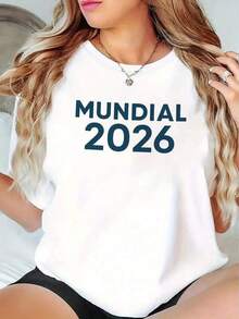 Camiseta minimalista de moda femenina con estampado creativo de la Copa Mundial de fútbol, adecuada para todas las estaciones, elegante, sencilla, casual, cómoda, popular, suave, para fitness y actividades diarias al aire libre, estilo versátil y moderno, transpirable, de manga corta y cuello redondo. Camiseta holgada de color sólido de alta calidad para mujer. - Negro - Ver 6