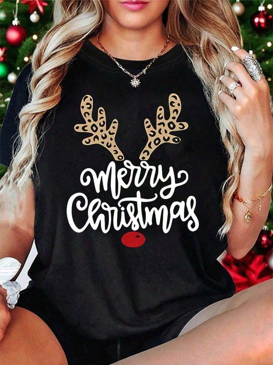 Women's Christmas T-Shirt With Reindeer Antlers And Red Nose - Casual Short Sleeve Crew Neck T-Shirt With Black And White Antler Print, Pink Nose And Easter Berries - Lightweight Outfit For Spring And Summer Parties (Machine Washable) - 黑色 - 查看 1
