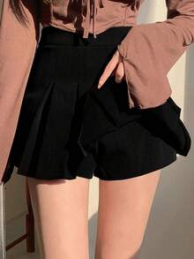 Falda plisada elegante de unicolor tejida para mujer - Negro 4 - Ver 3