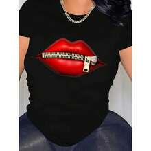 Camiseta negra de manga corta para mujer con estampado de labios metálicos y cuello redondo, para todas las estaciones. - Negro - Ver 7