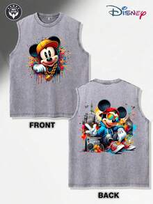Official Disney Licensed Mickey Mouse City Skyline Boombox Graffiti Splash Paint Hip Hop Urban Streetwear Graphic Washed Cotton Sleeveless Tank Top For Men Vintage Distressed Crew Neck Vest Retro Pop Art Colorful Sneaker Sunglasses Print Loose Fit Summer Casual Daily Wear Music City Outfit Classic Disney Character Mens Nostalgic Sleeveless Tee - 灰色 - 查看 2