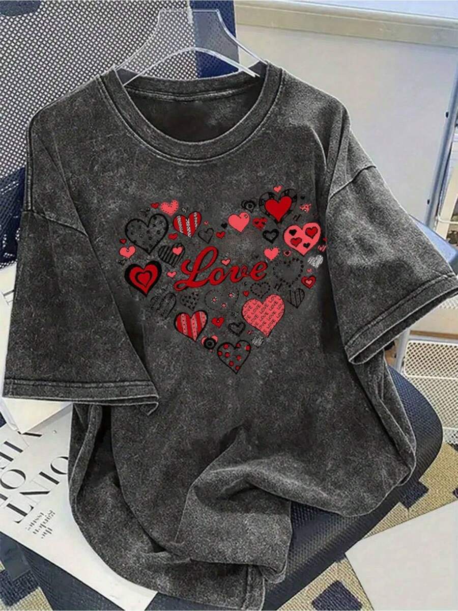 1 camiseta con estampado popular de San Valentín 2026 - Camiseta de algodón lavado de 230 g, camiseta de moda vintage de algodón puro de alta calidad, camiseta para mujer, camiseta popular para uso diario, regalo navideño para seres queridos, regalo perfecto para San Valentín en talla grande, moda urbana, casual y cómoda. 180g 100% Algodón - Negro - Ver 1