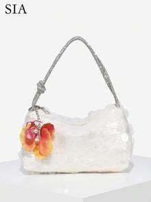 1件裝女款亮面水鑽裝飾手鍊，優雅海洋花卉裝飾仿絲肩背晚宴包，大容量可放手機，適合外出、約會、派對 - 彩色 - 查看 1