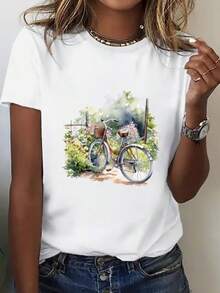 Camiseta de manga corta con estampado de bicicleta en acuarela para mujer, cuello redondo, informal, color negro. - Blanco - Ver 2