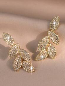 1 Par de Brincos Pendentes Assimétricos em Forma de Folha com Zircónia Cúbica AAA, Luxuosos e Elegantes, para Mulher, Adequados para Casamento e Uso Diário, Presente - Ouro - Ver 7