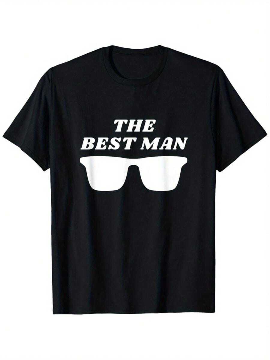 Camiseta de fiesta de soltero con dise?o de mejor amigo, ideal para bodas, unisex, casual, cuello redondo, para exteriores, manga corta, ropa de verano para hombre, camiseta de hombre, ligeramente elá - Negro - Ver 1