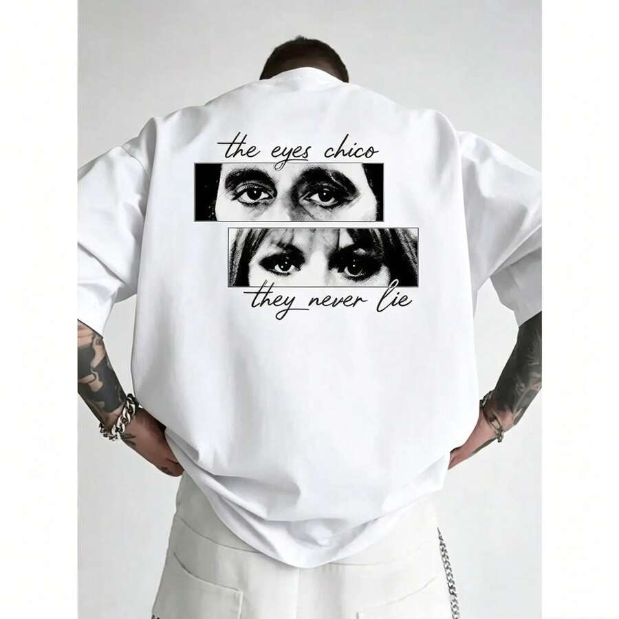 Camiseta Gráfica 100% Algodón - Estampado Trasero de Tony Montana con las Frases "The Eyes Have It" y "They Never Lie" - Camiseta Casual de Manga Corta con Cuello Redondo para Hombres y Mujeres - Blanco - Ver 1