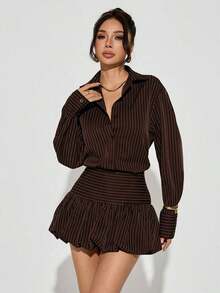 PETITE Conjunto casual para mujer, atuendos de otoño para mujer, falda de burbujas marrón y blusas, rayas marrones - Marrón - Ver 8