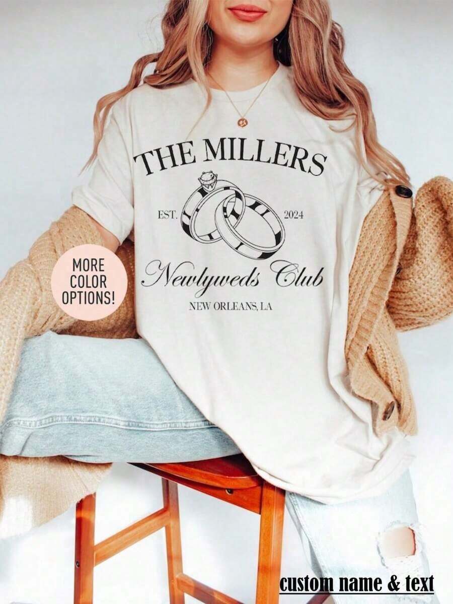 Moda 2026 Para Mujer, Camiseta de Algodón Casual de Calidad, 1 Pieza, Camiseta para Recién Casados, Camiseta Personalizada para Esposa, Camiseta Personalizada para Despedida de Soltera, Camiseta Personalizada para Recién Casados, Regalo de Boda para Luna de Miel, Camiseta Básica Unisex - Blanco - Ver 1