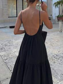 Women's Solid Color Backless Bohemian Wedding Slip Dress - Black - View 3