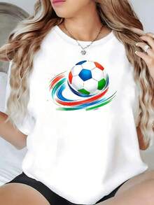 Balón de fútbol con trazos en movimiento que representan la energía del juego y la unión de los colores de la pasión deportiva camiseta de mujer casual cómoda y moderna para fanáticas del deporte - Negro - Ver 6