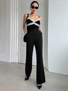 Pantalones acampanados de cintura alta de unicolor, ajuste delgado y casual para mujer - Negro 2 - Ver 5