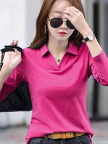 Camiseta casual, versátil, de manga larga y cuello vuelto, de unicolor, para mujer, primavera y verano - Rosa Fucsia - Ver 4