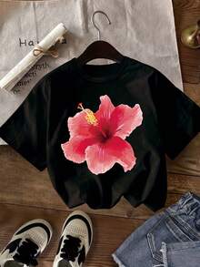 Sommar Toppar Dam 2026 Y2K Hawaiian Style Hibiscus Flower Print T-Shirt, Hibiscus Flower Print T-Shirt, Floral Print T-Shirt, Girls Summer Short Sleeve Round Neck Clothing, Kids Girls Clothing Haut éTé - 黑色 - 查看 6