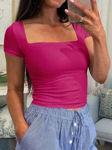 Camiseta de manga corta con cuello cuadrado de punto de unicolor, ajustada y sexy, estilo Y2K, para mujer Vaiaye, adecuada para actividades de primavera/verano y el Día de San Valentín - Rosa Fucsia - Ver 10