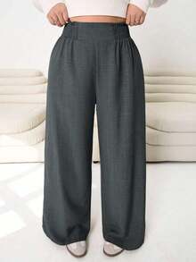 2026 Primavera/Verano Nuevos pantalones casuales para uso diario, fiestas, ir al trabajo, volver al colegio, citas, en casa, fiestas de cumpleaños, para múltiples ocasiones, con cintura elástica holgada, pernera ancha, color beige, talla grande - Gris Oscuro - Ver 6