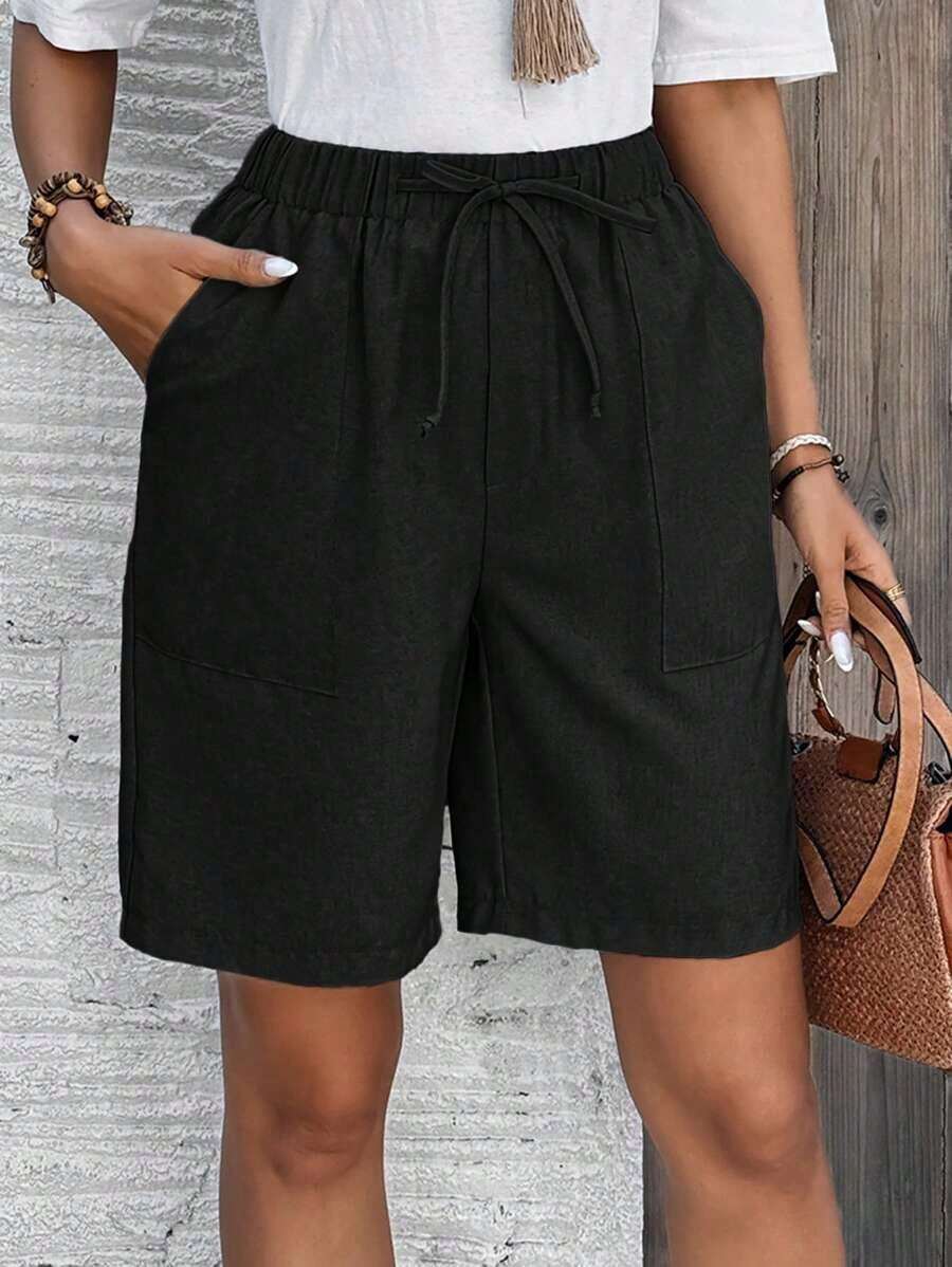 Bermudas, unicolor, con bolsillos laterales, corte holgado, longitud hasta la rodilla, cintura media, estilo básico - Negro 2 - Ver 1