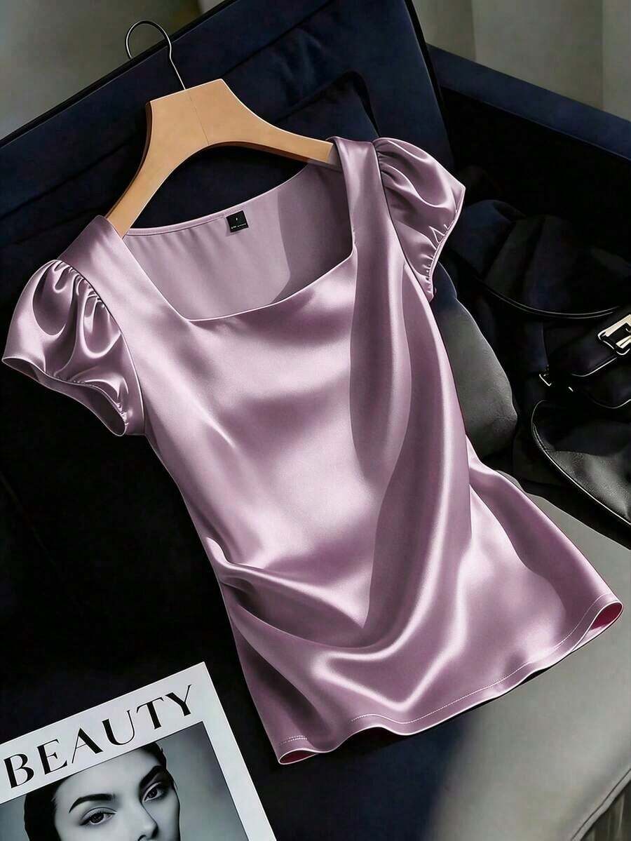 Blusa casual elegante de satén con cuello cuadrado francés, mangas de pétalos y pliegues, adecuada para ir al trabajo, uso diario, reuniones y fiestas, primavera/verano - Morado - Ver 1