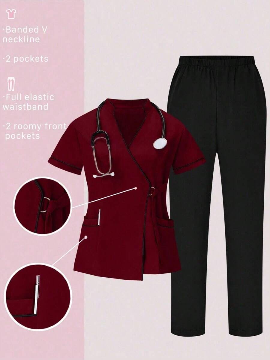 Conjunto de uniformes médicos: Parte superior de cuello en V de manga corta y pantalones para trabajadores de la salud - Burdeos 2 - Ver 1
