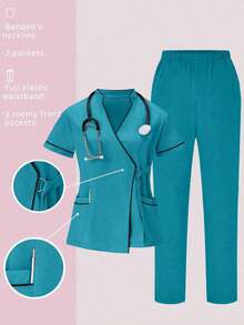 Conjunto de uniformes médicos: Parte superior de cuello en V de manga corta y pantalones para trabajadores de la salud - lago azul - Ver 1