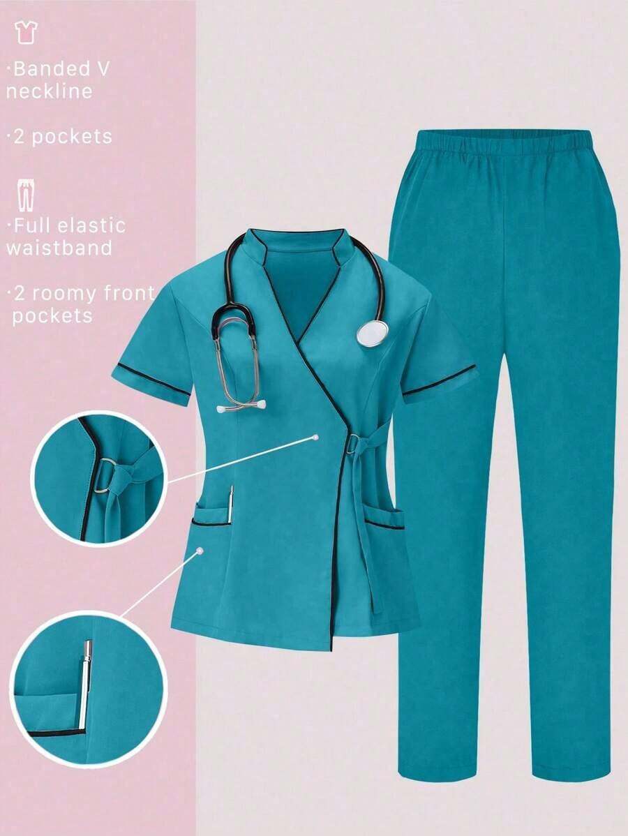 Conjunto de uniformes médicos: Parte superior de cuello en V de manga corta y pantalones para trabajadores de la salud - lago azul - Ver 1