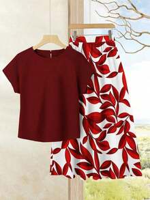 Set de 2 piezas Blusa de unicolor + Falda estampada con flores moradas de estilo casual de vacaciones para mujer, Conjunto de verano para mujer, Conjunto de falda y blusa, Conjunto de falda y blusa para mujer, Conjunto de falda estampada de pri - Multicolor 13 - Ver 5