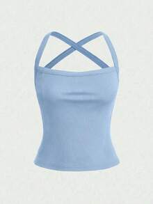 deportivo casual de unicolor, sexy, con espalda descubierta y tirantes cruzados, adecuado para el verano - Azul - Ver 5