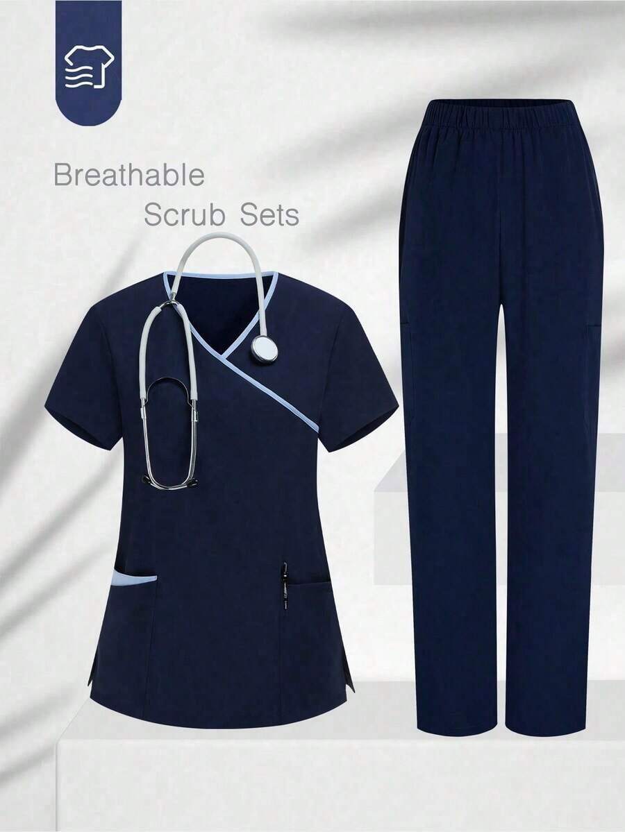 Conjunto de uniforme de pijama de unicolor con parches, cuello en V y manga corta - Azul marino 4 - Ver 1