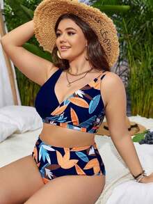 Conjunto de bikini con estampado tropical para la playa de verano en tallas grandes - Azul marino - Ver 5