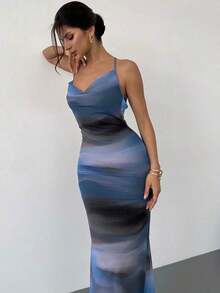 Vestido ajustado de tela transparente con tirantes de atar en el hombro descubierto y espalda descubierta, de colores degradados, elegante para uso diario u ocasiones de vacaciones, estilo veraniego - Azul - Ver 7