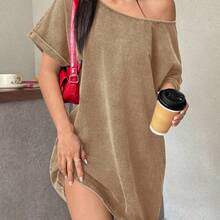 Vintage Washed Loose Cold-Shoulder T-Shirt Dress, Western Music Festival Style, Summer Loose Summer Dress Comfy Dress T Shirt Dresses For Women Lounge Dress Off Shoulder Dresses For Woman ,Summer Dress Loose Dress T Shirt Dress For Women - Verde militar - Ver 7